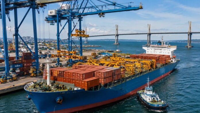 brasil-recebe-navio-com-44-conteineres-para-construcao-da-base-da-maior-ponte-da-america-latina,-que-envolvera-investimento-de-r$-15-bilhoes