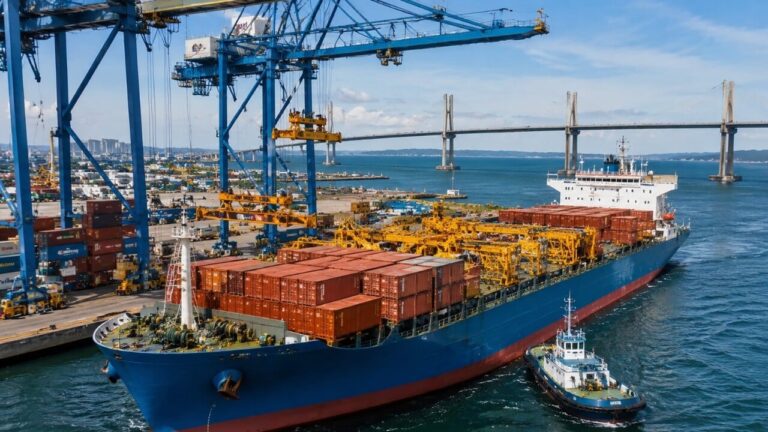 brasil-recebe-navio-com-44-conteineres-para-construcao-da-base-da-maior-ponte-da-america-latina,-que-envolvera-investimento-de-r$-15-bilhoes